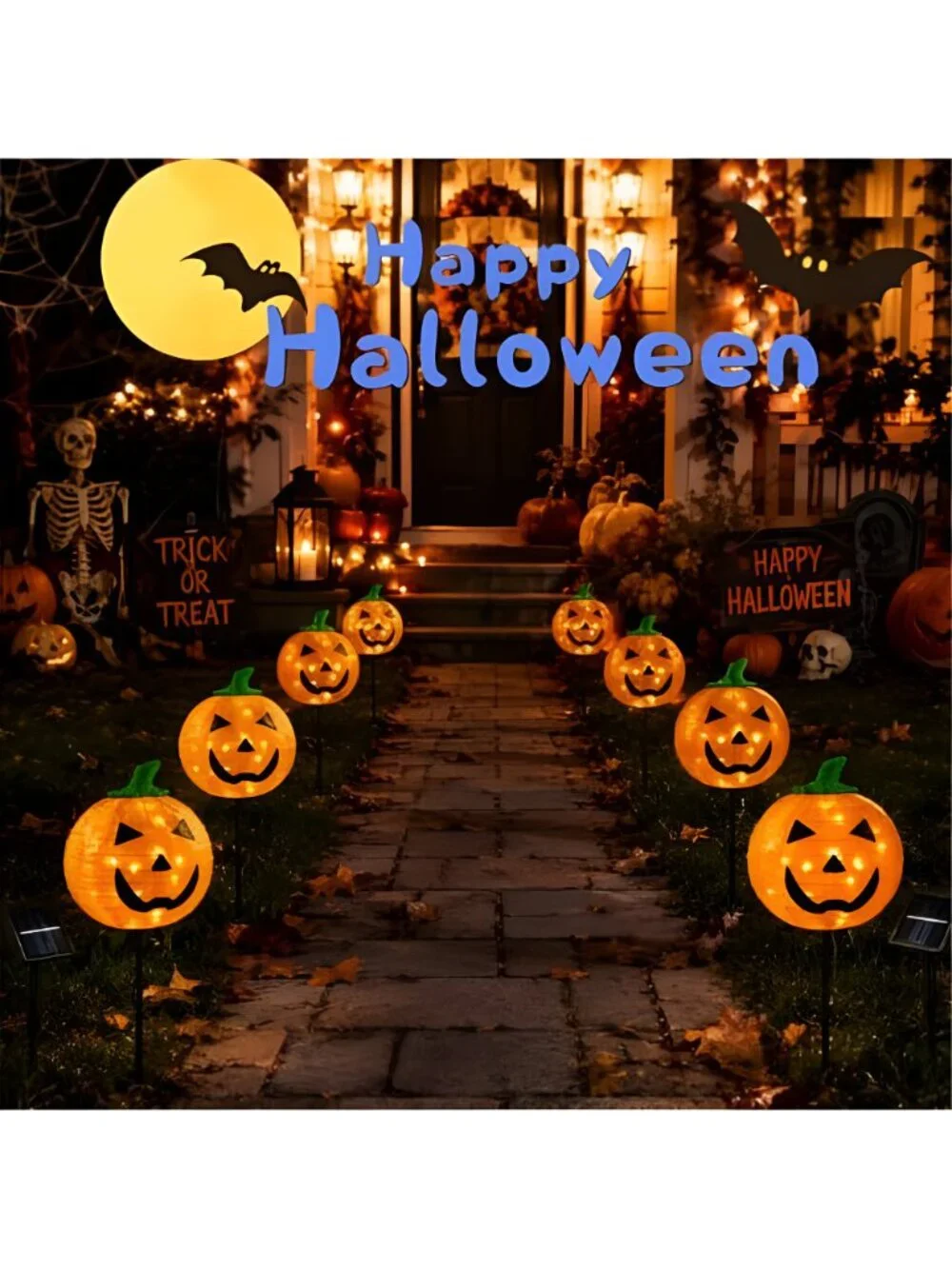 2Pack Solar Halloween Pumpkin Stake Light with 8 Lighting Modes, Fabric Lantern
